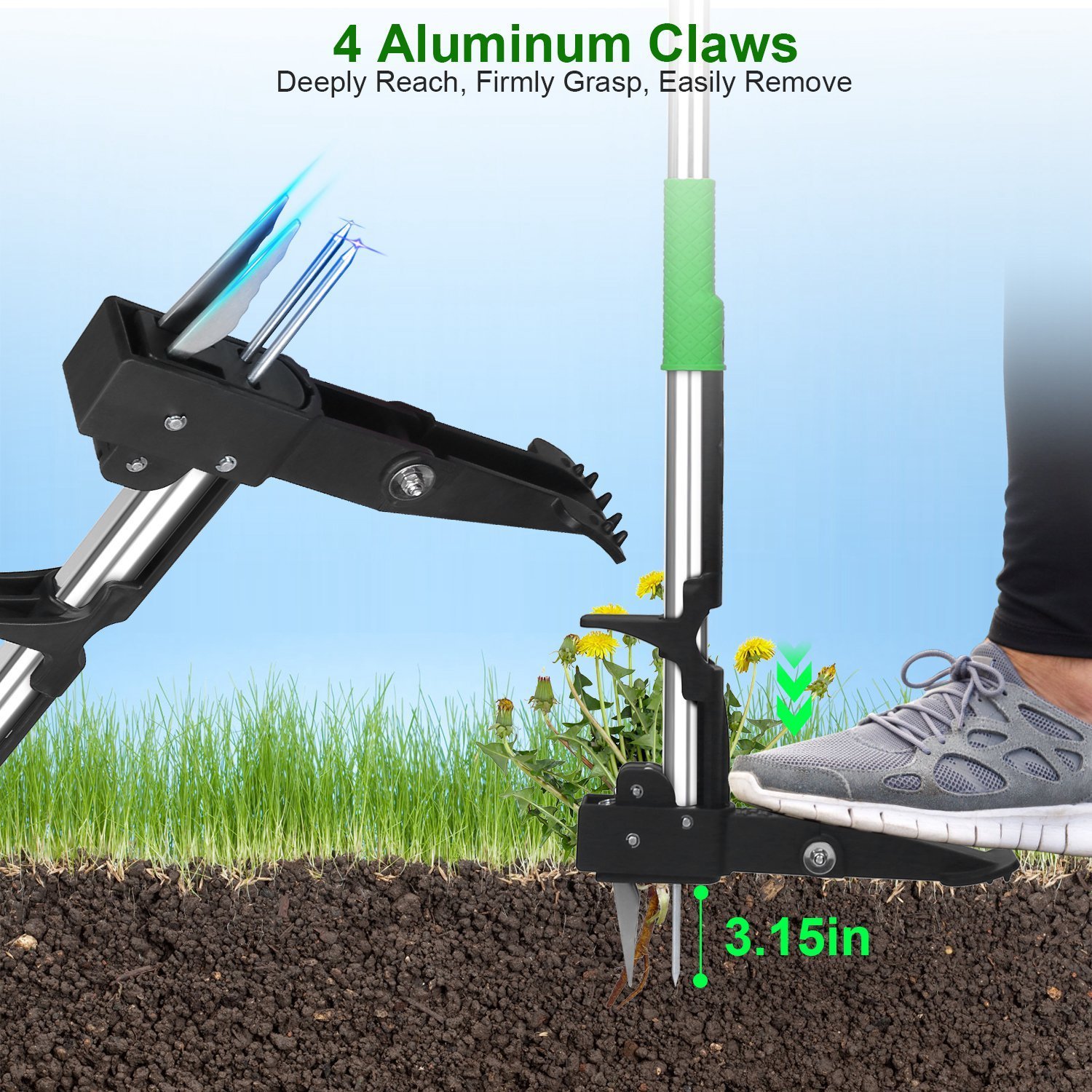 1Pc Aluminum Weed Puller Stand Up Weeder Without Bending Kneeling Manual Weed Remover Tool With 4 Claws For Lawn Yard Garden Patio - Image 4