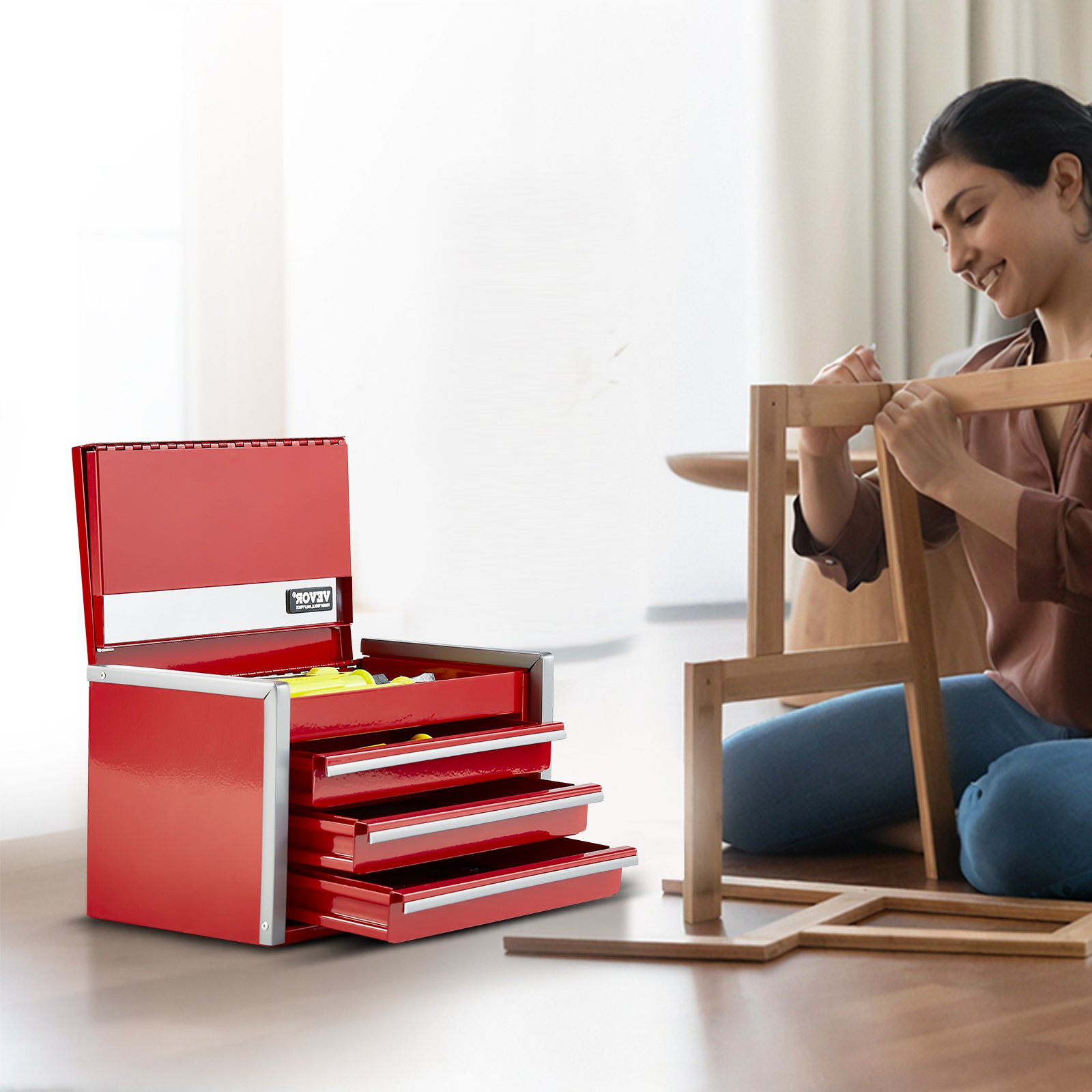 Tool Box 8.6-inch Portable Metal Tool Box 3 Drawers Tool Organizer Red - Image 2