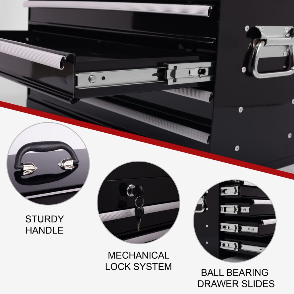Heavy Duty Metal Tool Box, 21-inch, Portable Metal Tool Box With 4 Drawers, Small Tool Chest With EVA Liners, Ball Bearing Slide Drawers Locking & Powder Coated Finish, Multi-Function Tool Organizer