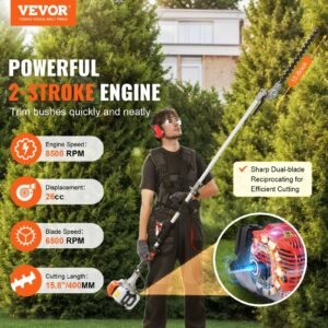 15.7-inch 26CC 2 Cycle Gas Hedge Trimmer, Gas Powered Pole Hedge Trimmer With Dual Sided Dual Action Blade, 270° Adjustable Trimmer Head, Suitable For Trimming Shrubs, Bushes - Image 5