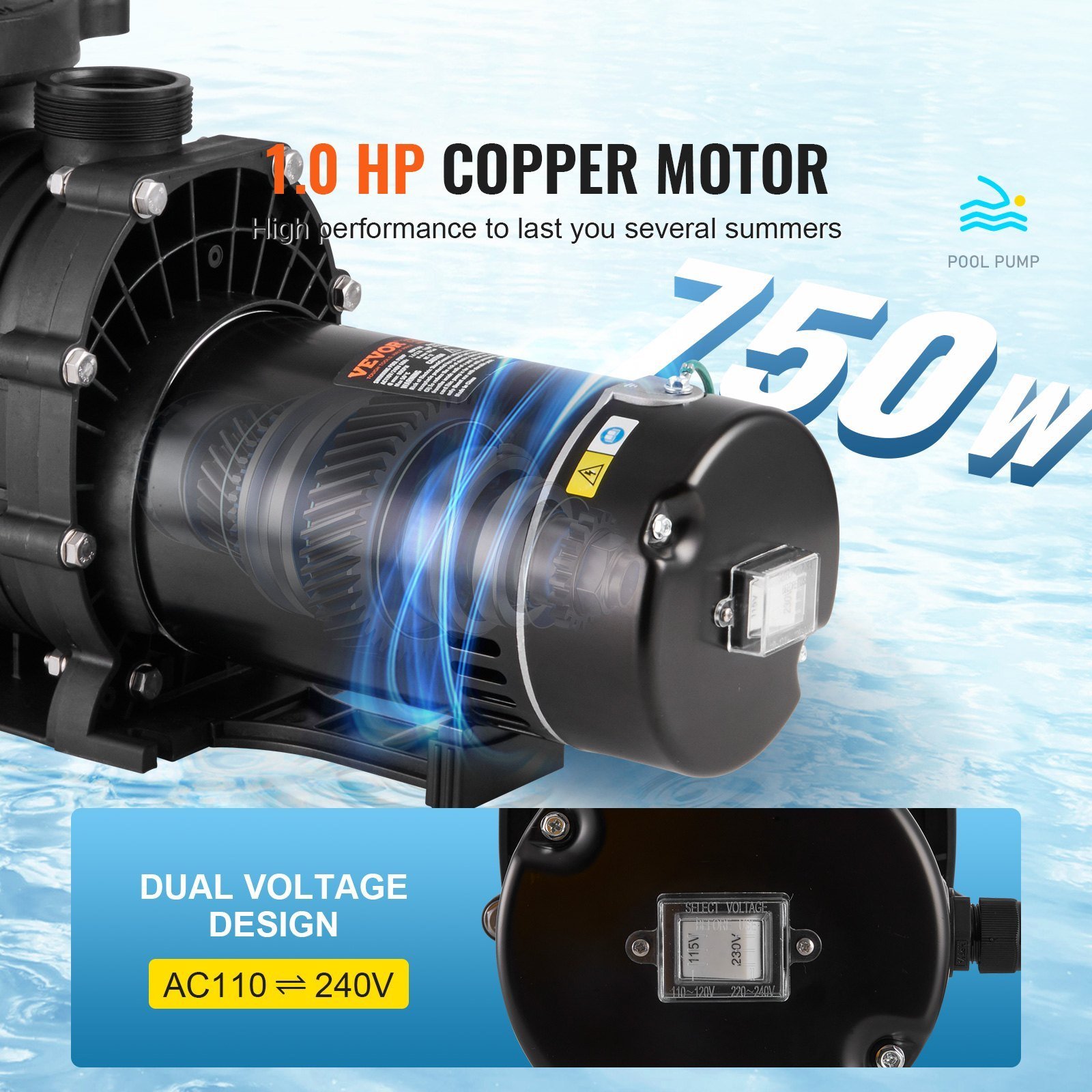 Above Ground Pool Pump, 1HP, 80 GPM Max. Flow Single Speed Swimming Pool Pump, 110V/240V 3450RPM 34.4ft Max. Head Pool Pump With Filter Basket, For Above Ground Pools Hot Tubs Spas - Image 3