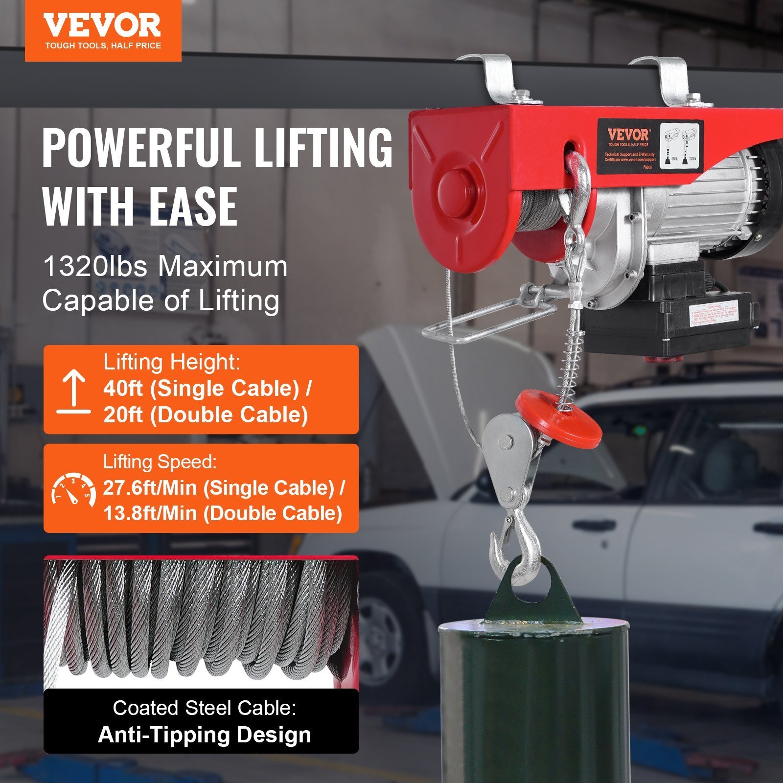 Electric Hoist Crane Winch 1320 Lbs 328 Ft Wireless & 14 Ft Wired Remote - Image 3