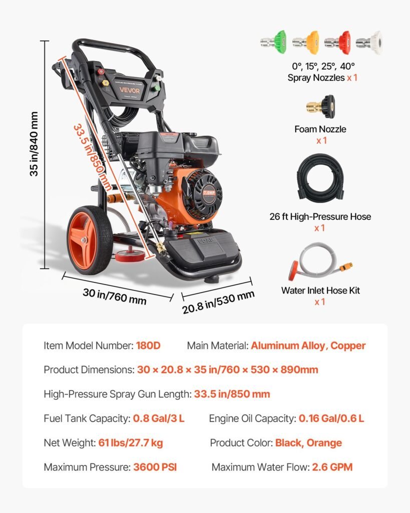 Gas Pressure Washer 3600 PSI And 2.6 Max GPM, Full Copper Pump, Spray Gun And Wand, 5 Nozzle Set, 26 Ft Hose Gas Powered Pressure Washer For Cars, Fences, Driveways, Homes, Patios, Furniture