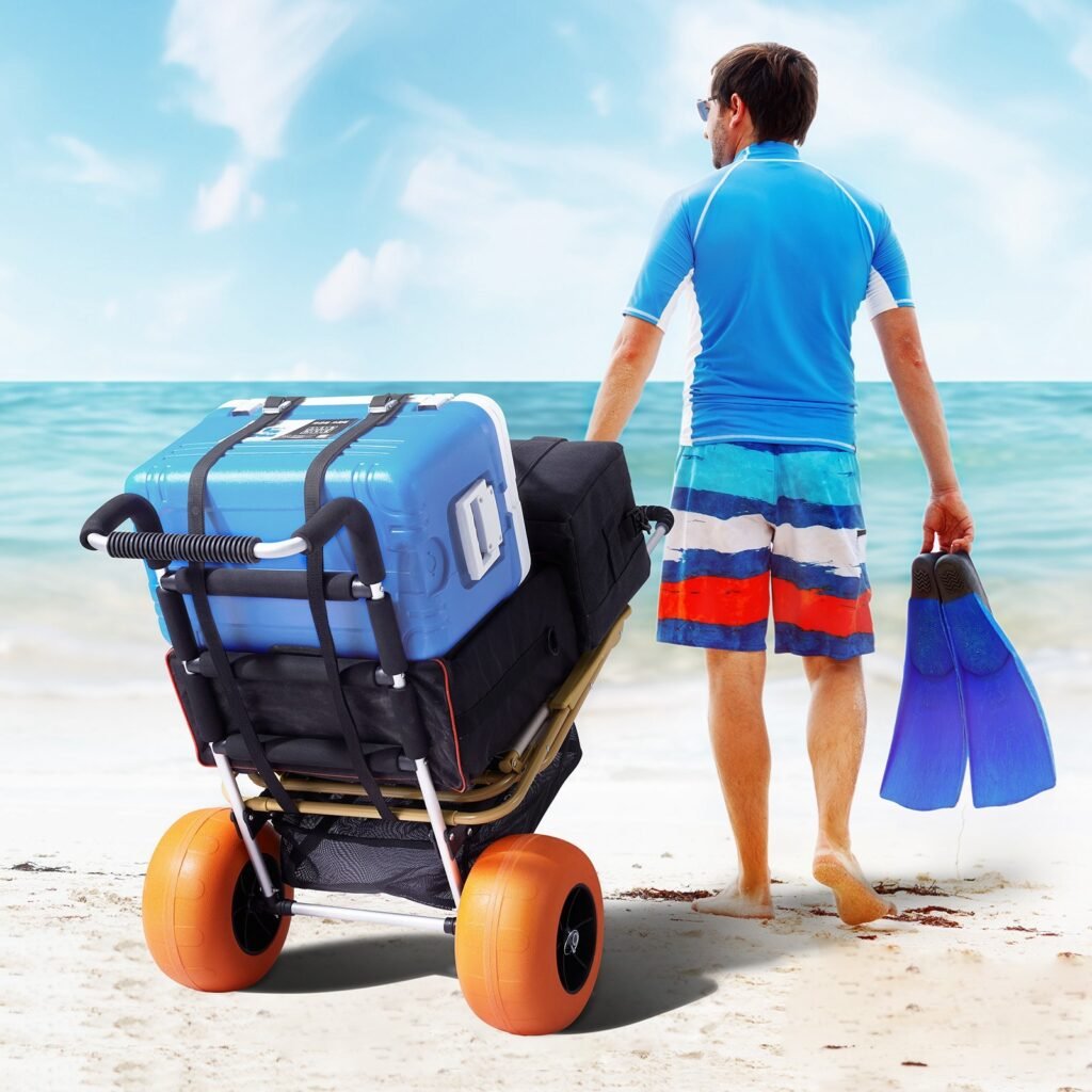 Beach Dolly With Big Wheels For Sand, 29.9' X 15.4' Cargo Deck, W/ 12' Foam Wheels, 165LBS Loading Capacity Folding Sand Cart & 27' To 44.7' Adjustable Height, Heavy Duty Cart For Beach