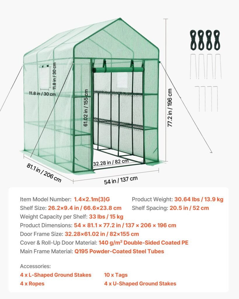 Walk-in Green House, 54 X 81.1 X 77.2 In, Greenhouse With Shelves, High Strength PE Cover With Zipper Door And Steel Frame, Assembly In Minutes, Suitable For Planting And Storage