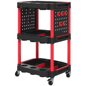 3-Tier Rolling Tool Cart, 200 LBS Capacity Plastic Utility Cart With Side Shelves For Garage, Workshop, Black And Red - Image 3