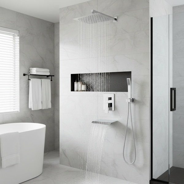 Rain Shower System Chrome Tub Shower Faucet Set 10 Inch Square Rainfall Shower Head With Handheld Sprayer And Waterfall Tub Spout[Unable Ship Weekends, TK/TEMU Only For Pickup]