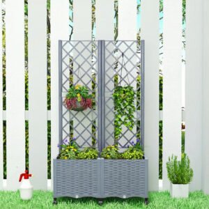 Planter Box with Trellis, Self Watering Raised Garden Bed with Lockable Wheels and Drainage Holes, Gray - Image 7