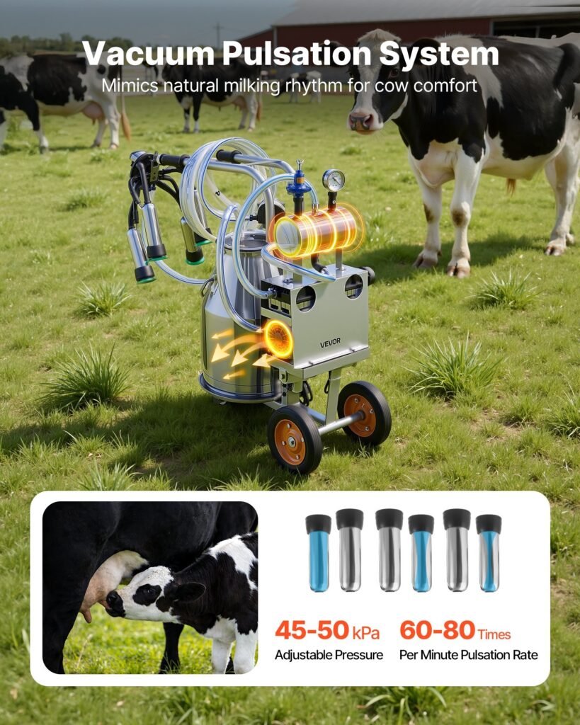 Electric Cow Milking Machine, 6.6 Gal / 25 L 304 Stainless Steel Bucket, Food-Grade Teat Cups And Silicone Hose, Strong Suction, Vacuum Pulsation, Electric Milker Machine With Wheels For Cow
