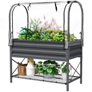 Raised Garden Bed with Legs and Cover, Metal Elevated Planter Box with Bottom Shelf and Liner for Vegetables, Dark Gray - Image 9