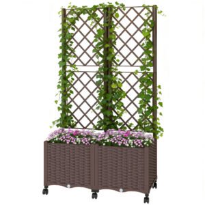 Planter Box with Trellis, Self Watering Raised Garden Bed with Lockable Wheels and Drainage Holes, Brown - Image 9