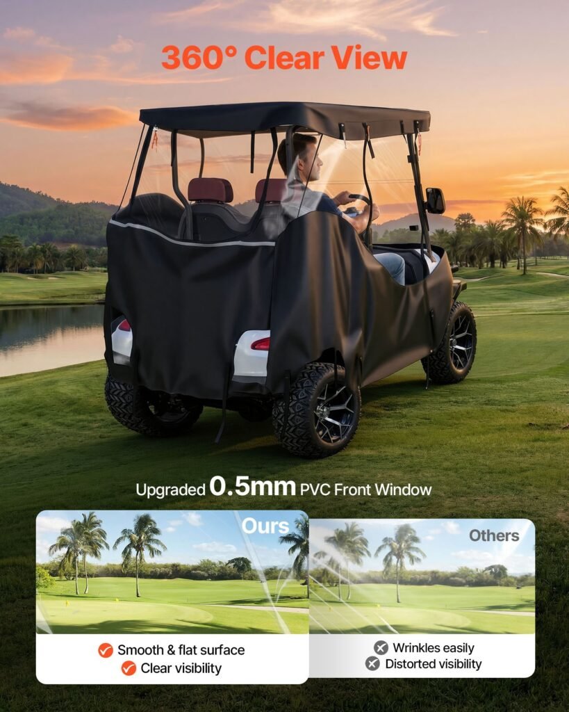 Golf Cart Cover, Visible Full-Enclosure 2&2+2 Passenger Golf Cart, 420D Waterproof Oxford Fabric Club Car Cover Fits Most Carts Club Car, Yamaha, EZGO, Honda, PVC Coating & Windproof Hook Design
