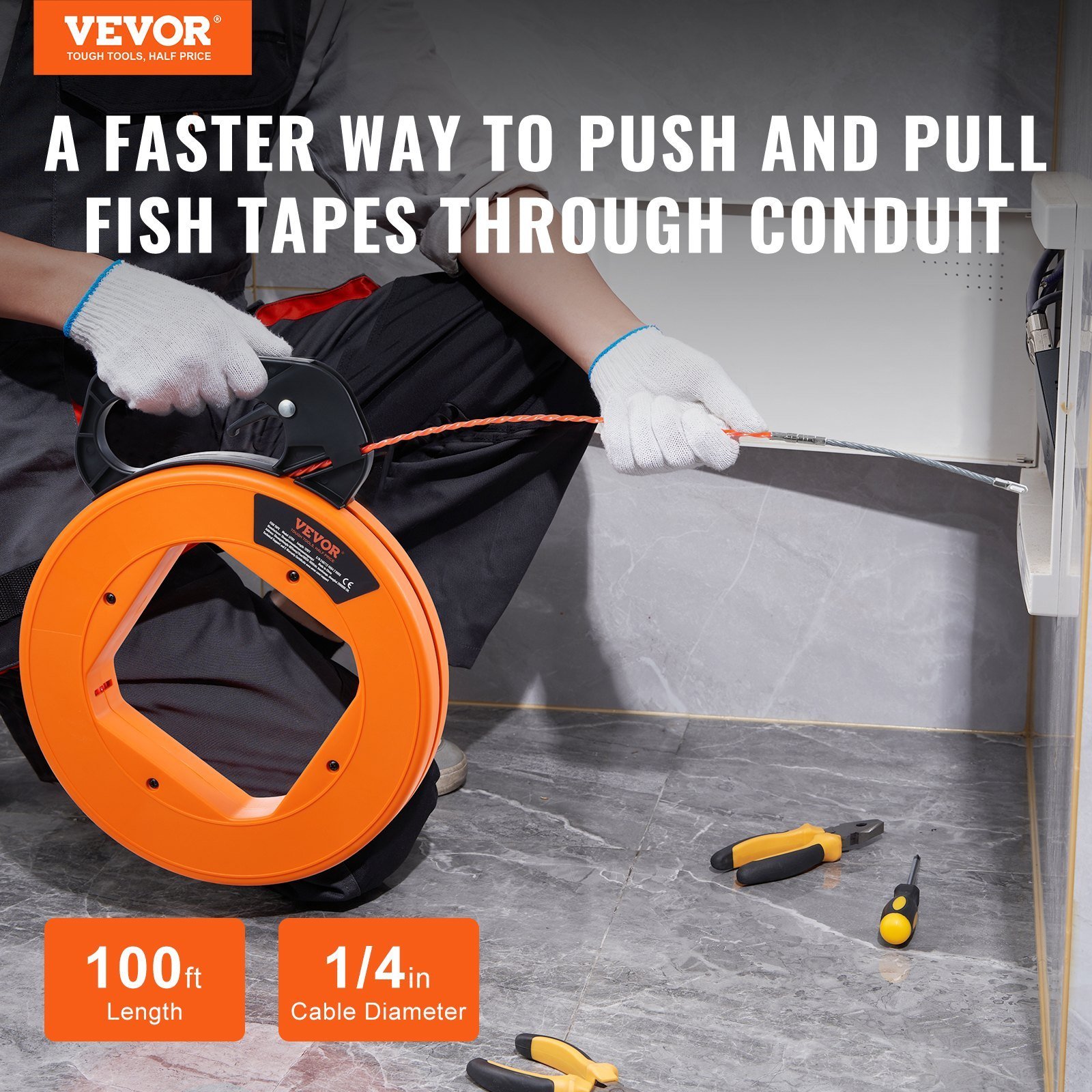 Fish Tape Wire Cable Line Puller 100 Ft 1/4 In PET With High Plastic Case - Image 3