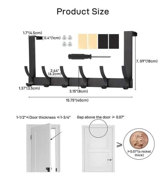 Door Hooks, Door Towel Rack, With 12 Hooks For Hanging Clothes, Coats, Towels, And Hats, 1 Piece, Black.