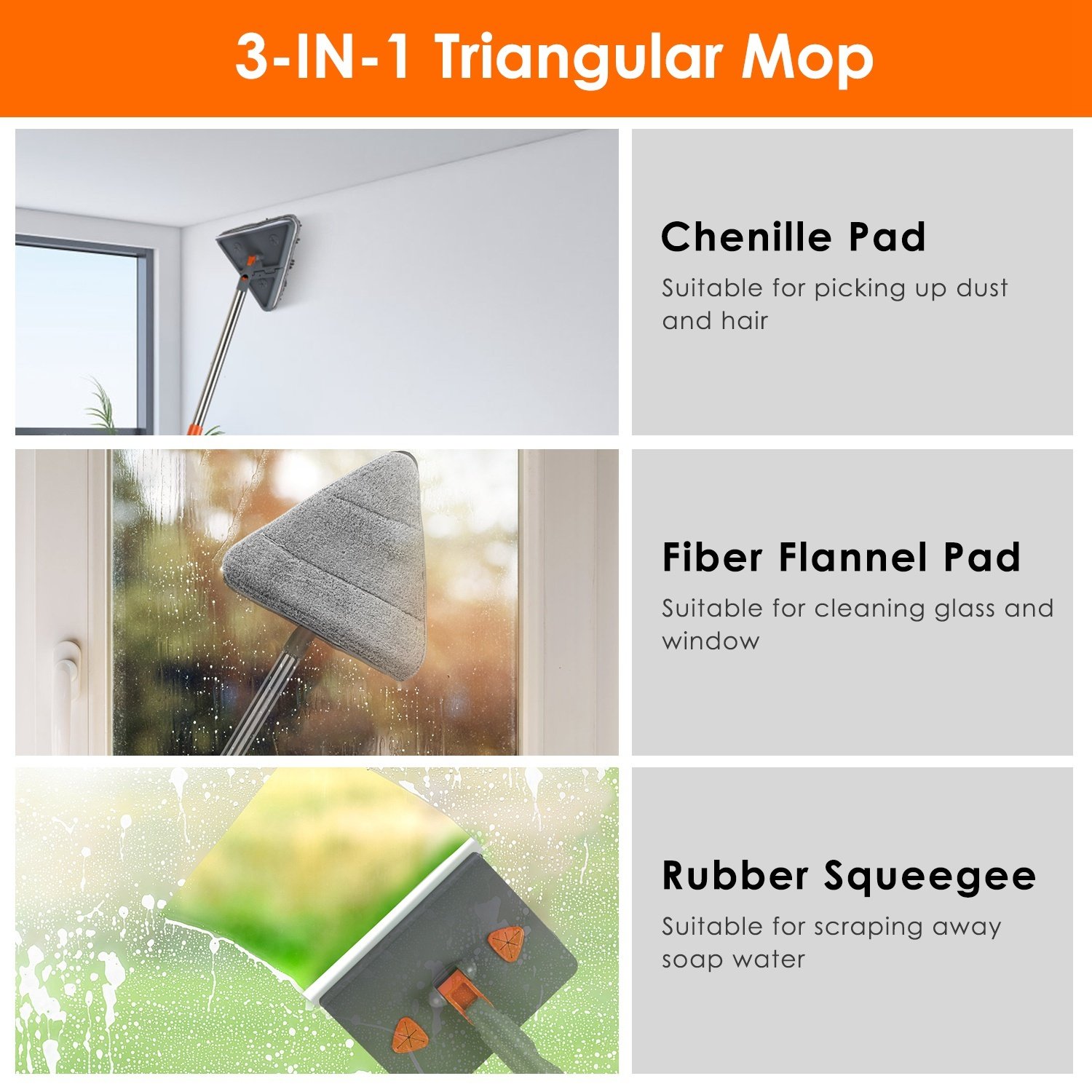 1Set 2 In 1 Baseboard Cleaner Mop Wall Cleaner Mop With Squeegee Extendable Long Handle 8 Reusable Fiber Flannel Chenille Mop Pads 360 Rotatable Convex Design Baseboard Mop For Wall Ceiling Window - Image 5