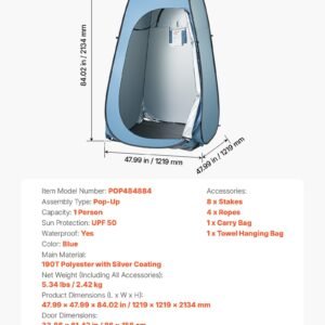 Pop Up Shower Tent, Instant Portable Privacy Tent Changing Room With Hanging Bag, Ground Stakes, Ropes, Carry Bag, 190T Polyester With Silver Coating, Quick Setup, For Camping, Beach, Fishing - Image 1