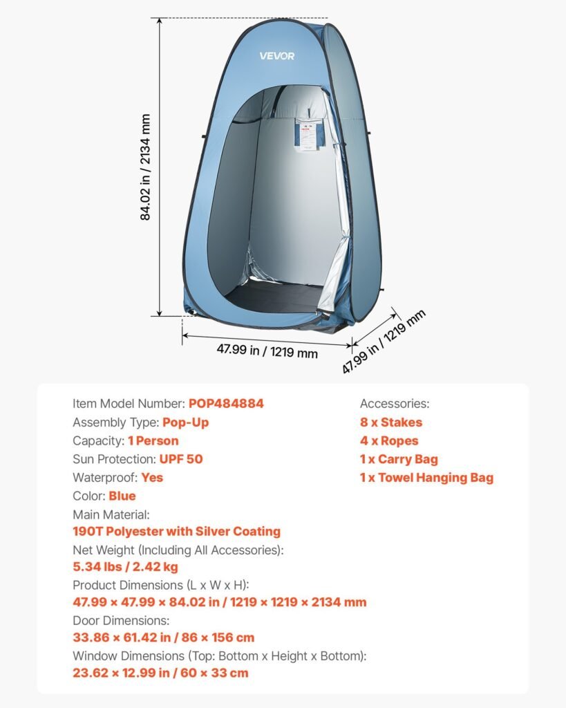 Pop Up Shower Tent, Instant Portable Privacy Tent Changing Room With Hanging Bag, Ground Stakes, Ropes, Carry Bag, 190T Polyester With Silver Coating, Quick Setup, For Camping, Beach, Fishing