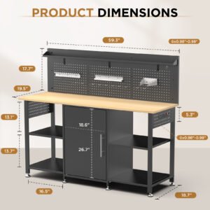 60 Inch Heavy Duty Workbench With Storage Cabinet, Wooden Top, 2000 Lbs Capacity, Large Garage Work Table With Pegboard, Power Outlet - Image 4