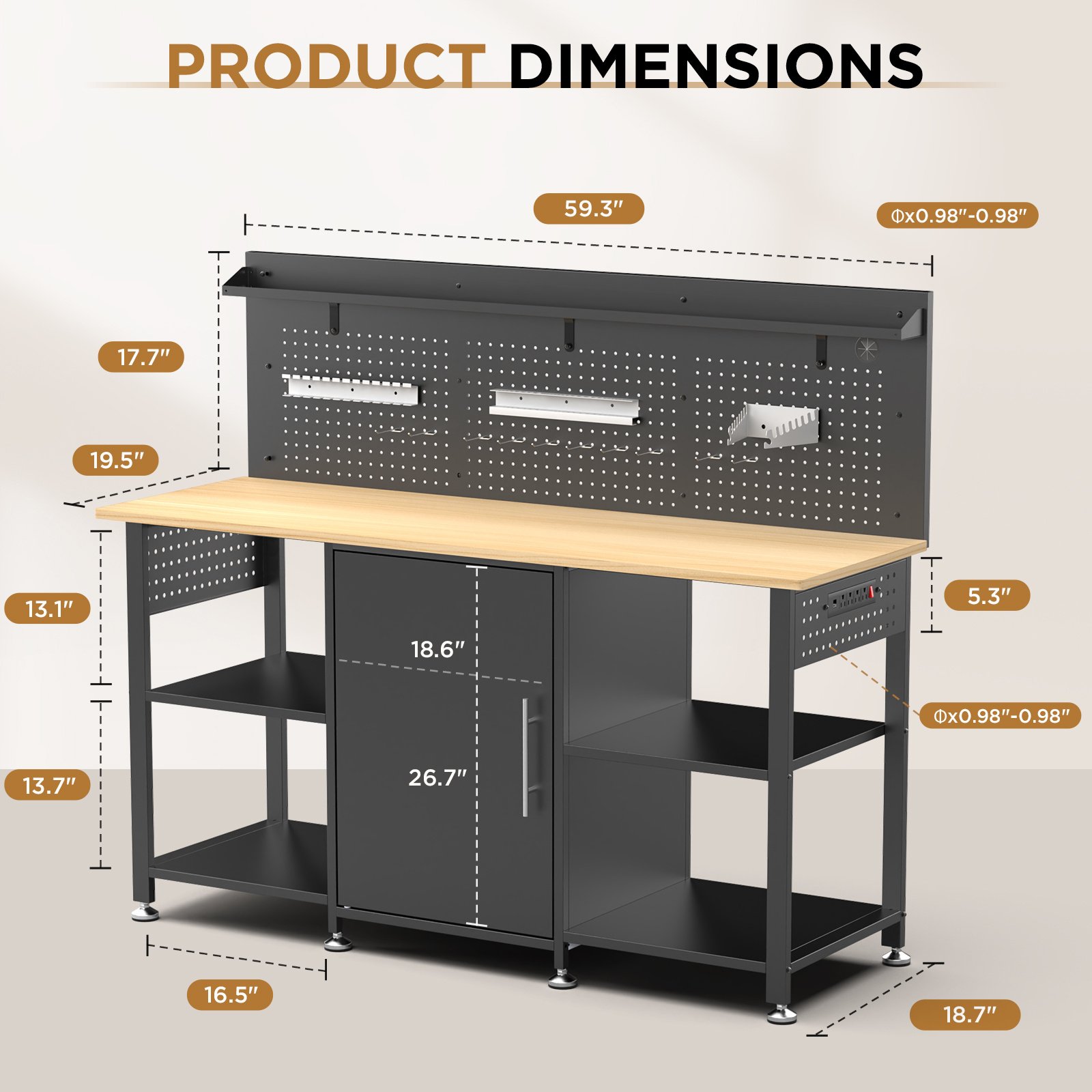 60 Inch Heavy Duty Workbench With Storage Cabinet, Wooden Top, 2000 Lbs Capacity, Large Garage Work Table With Pegboard, Power Outlet - Image 4