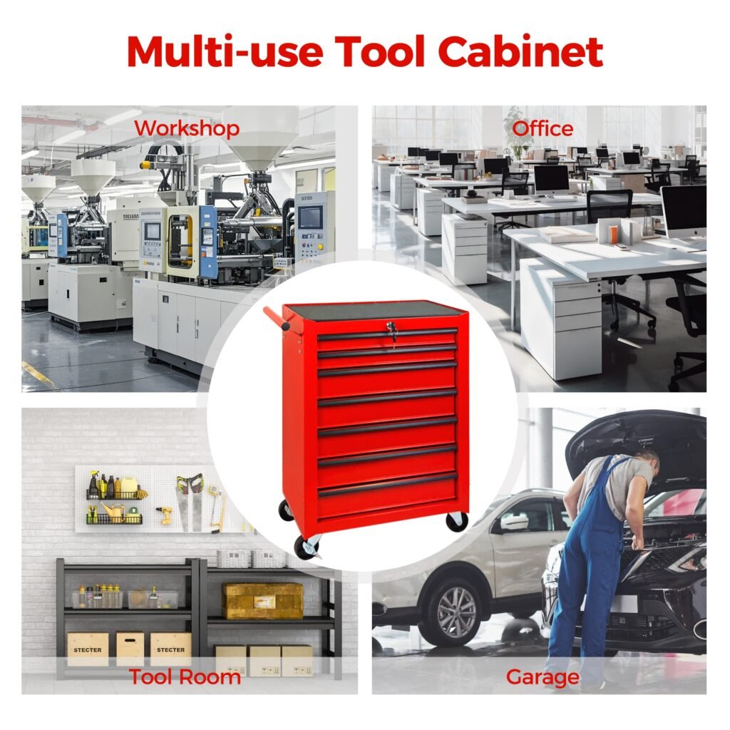 7-Drawer Rolling Tool Storage Cabinet With Detachable Top Tool Box, Universal Lockable Wheels, Adjustable Shelf, Locking Mechanism, Metal Tool Cart For Garage Workshop,Scarlet Flame Red