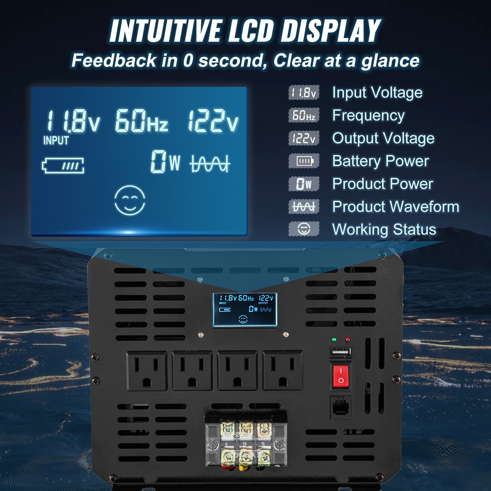 Pure Sine Wave Inverter, 5000 Watt, Power Inverter, DC 12V To AC 120V Car Inverter, With LCD Display, USB Port And Remote Controller, Power Converter For Car RV Truck Solar System Travel Camping - Image 4