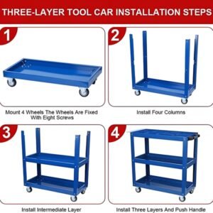 Upgrade 3-Tier Rolling Tool Cart With Lockable Wheels, Heavy Duty Steel Utility Cart, Kitchen Cart Organizer, Workshop Rolling Serving Cart For Garage, Warehouse, Blue - Image 4