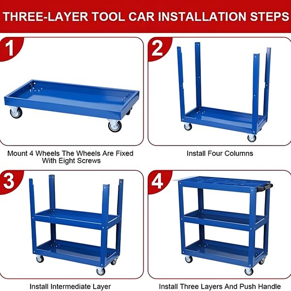 Upgrade 3-Tier Rolling Tool Cart With Lockable Wheels, Heavy Duty Steel Utility Cart, Kitchen Cart Organizer, Workshop Rolling Serving Cart For Garage, Warehouse, Blue