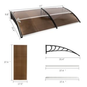 80x38in Door Window Awning With Brown Polycarbonate Panel & Black Bracket, Outdoor Rain Snow Sun Shade Cover, Durable 10-Year Lifespan, Easy Install - Image 3