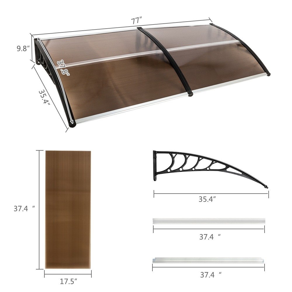 80x38in Door Window Awning With Brown Polycarbonate Panel & Black Bracket, Outdoor Rain Snow Sun Shade Cover, Durable 10-Year Lifespan, Easy Install