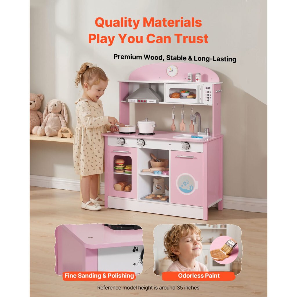 Play Kitchen For Kids, Wooden, Kids Kitchen Playset With Real Lights & Sounds, Food & Cookware Accessories, Pretend Play Toy Set, Range Hood, Microwave, For Toddlers, Girls & Boys Ages 3-8, P Ink
