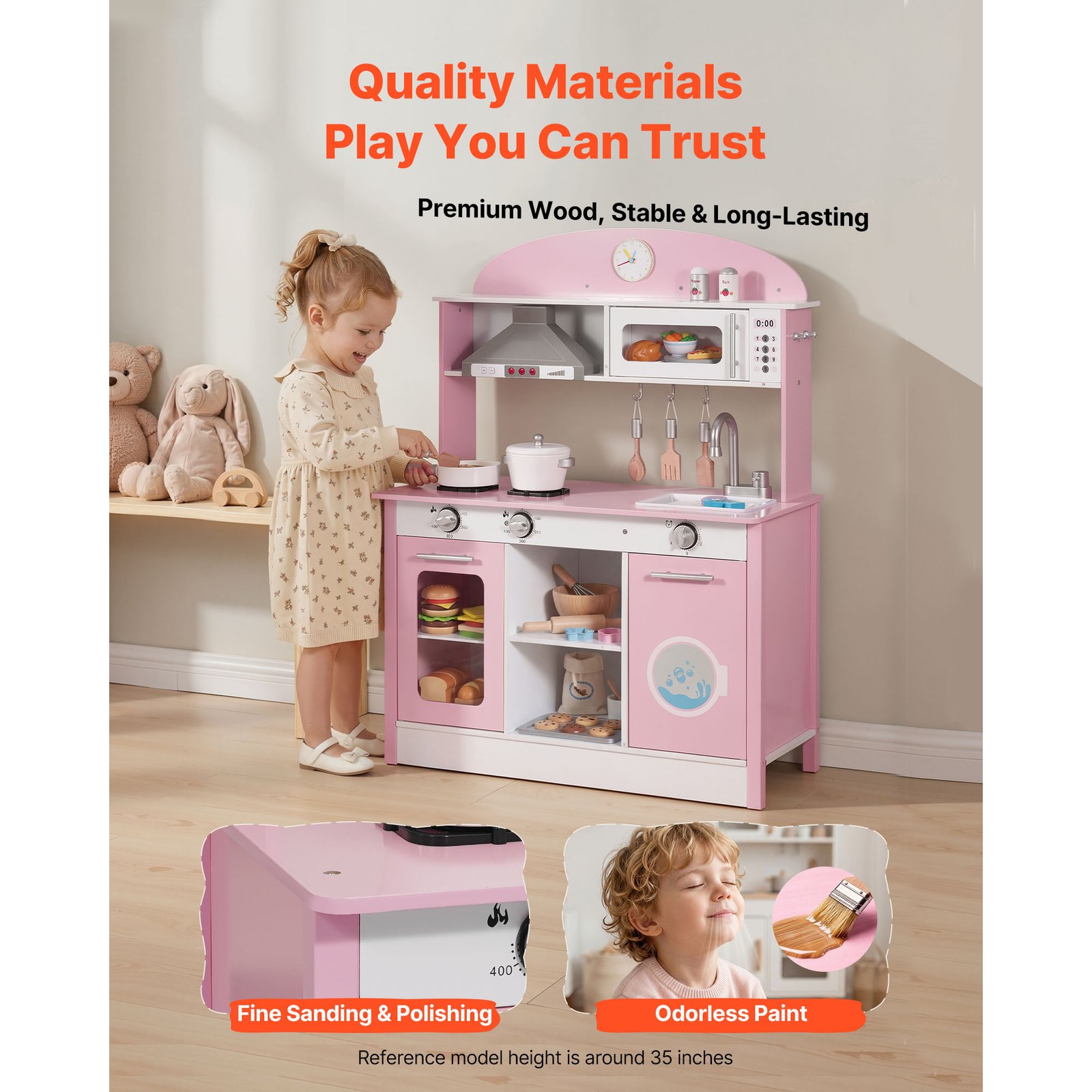 Play Kitchen For Kids, Wooden, Kids Kitchen Playset With Real Lights & Sounds, Food & Cookware Accessories, Pretend Play Toy Set, Range Hood, Microwave, For Toddlers, Girls & Boys Ages 3-8, P Ink - Image 4