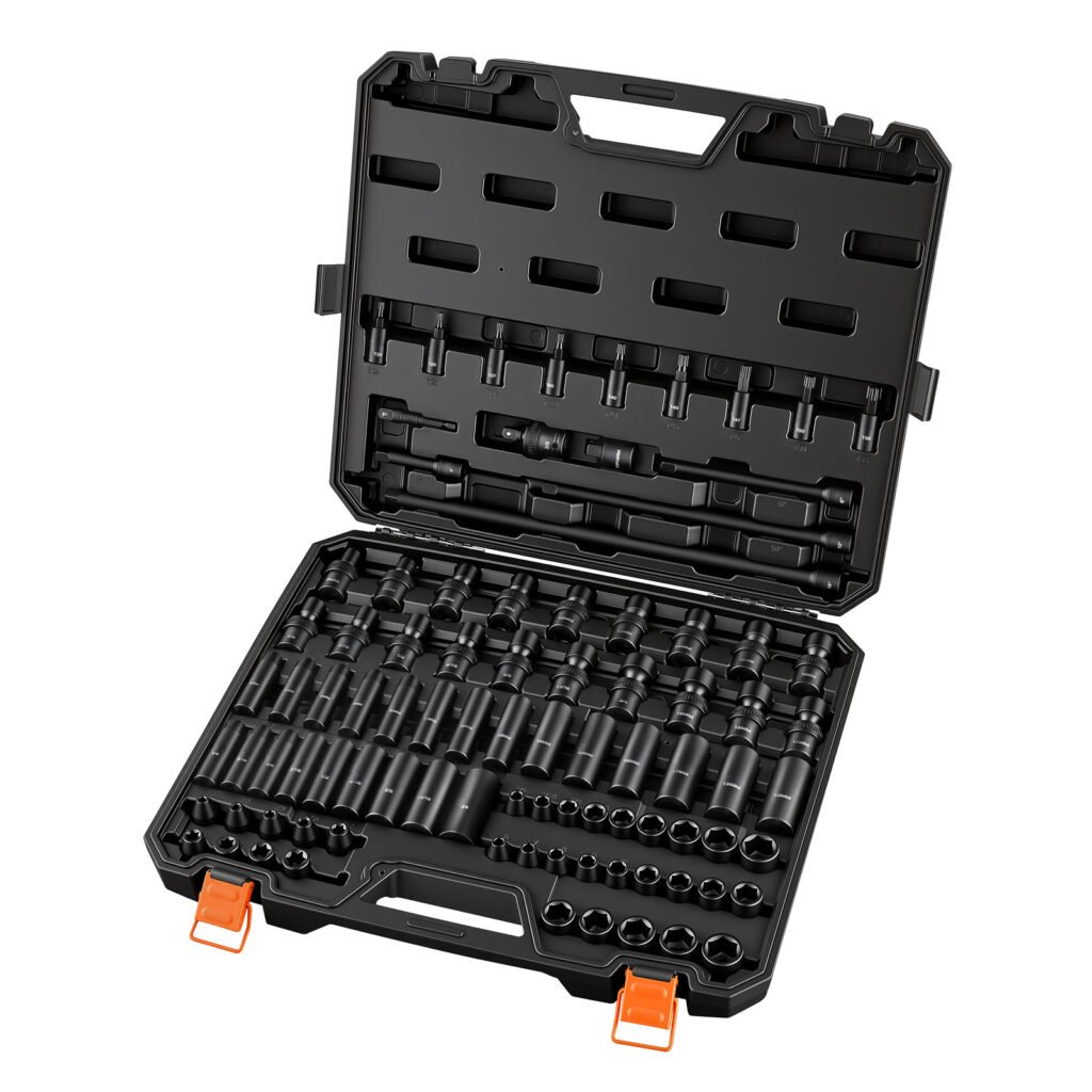 Impact Socket Set, 3/8" Drive, 90-Piece Socket Set, 6 Point Sockets, SAE 1/4"-3/4" And Metric 6-19 Mm, Easy To Identify, With Adapters, Sturdy Storage Case, Cr-Mo Alloy Steel For Vehicles Repair