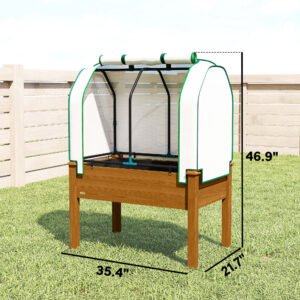 Raised Garden Bed with PE Greenhouse Cover Outdoor Planter Box for Herbs and Vegetables, 35 x 22 x 47 inch, Brown - Image 2