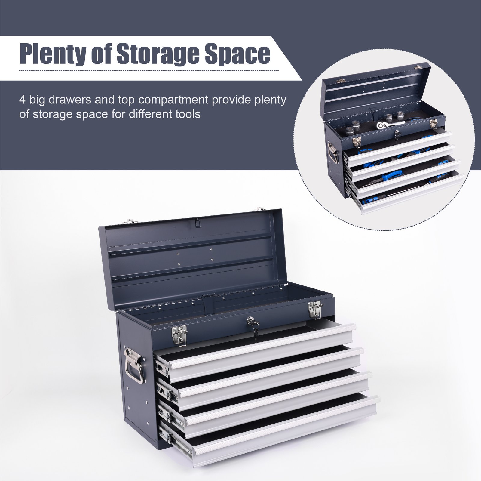 Heavy Duty Metal Tool Box, 21-inch, Portable Metal Tool Box With 4 Drawers, Small Tool Chest With EVA Liners, Ball Bearing Slide Drawers Locking & Powder Coated Finish, Multi-Function Tool Organizer - Image 3