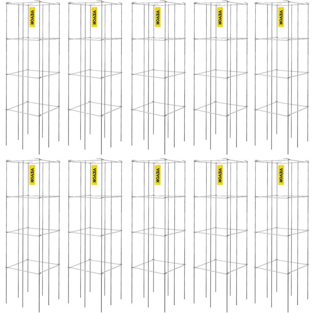 Tomato Cages, 11.8' X 11.8' X 46.1', 10 Packs Square Plant Support Cages, Silver PVC-Coated Steel Tomato Towers For Climbing Vegetables, Plants, Flowers, Fruits