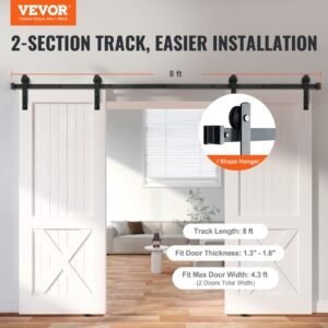 8FT Sliding Barn Door Hardware Kit, 330LBS Heavy Duty Barn Door Track Kit For Double Doors, Fit 3.7-4.3FT Total Wide And 1.3"-1.8" Thick 2 Door Panel, With Smooth & Silent Pulley (I Shape) - Image 2