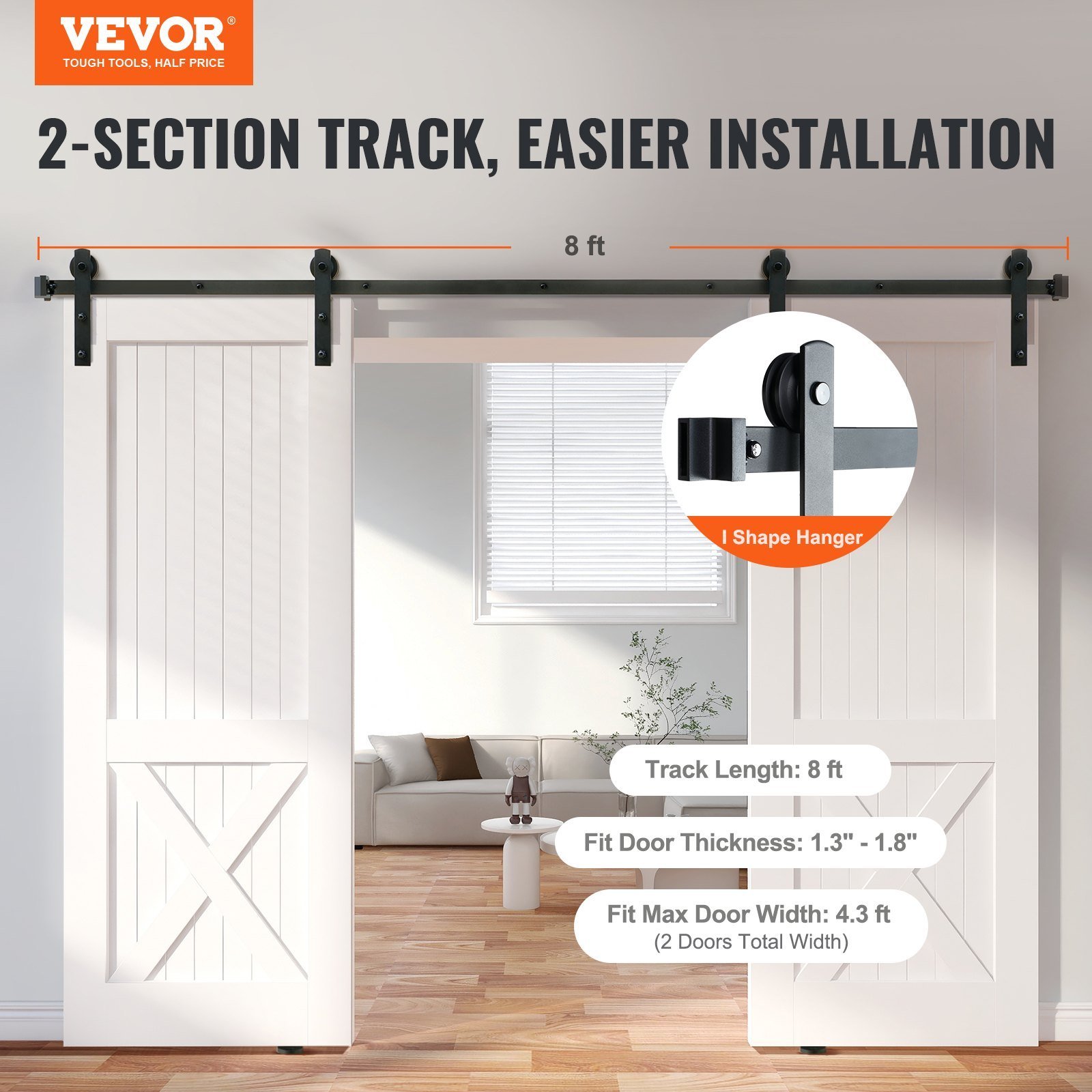 8FT Sliding Barn Door Hardware Kit, 330LBS Heavy Duty Barn Door Track Kit For Double Doors, Fit 3.7-4.3FT Total Wide And 1.3"-1.8" Thick 2 Door Panel, With Smooth & Silent Pulley (I Shape) - Image 2