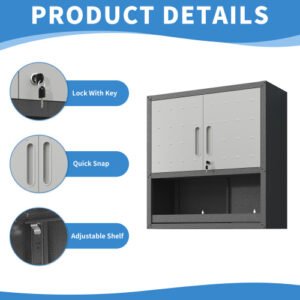 Metal Wall-Mounted Tool Storage Cabinet With Locking Door And 1 Shelf 1 Opened Drawer For Garage Warehouse,Office,Assembly Required - Image 5