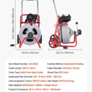 Drain Cleaner Machine 100 FT X 1/2 Inch, Auto Feed Sewer Snake Drain Auger On Wheels, Portable Drain Cleaning Machine With 8 Cutters & Air-Activated Foot Switch For 2" To 6" Pipes - Image 6