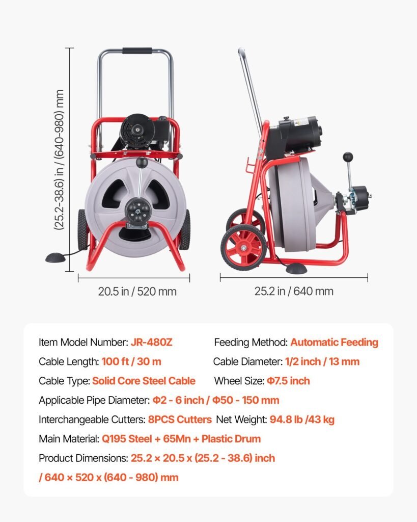 Drain Cleaner Machine 100 FT X 1/2 Inch, Auto Feed Sewer Snake Drain Auger On Wheels, Portable Drain Cleaning Machine With 8 Cutters & Air-Activated Foot Switch For 2" To 6" Pipes