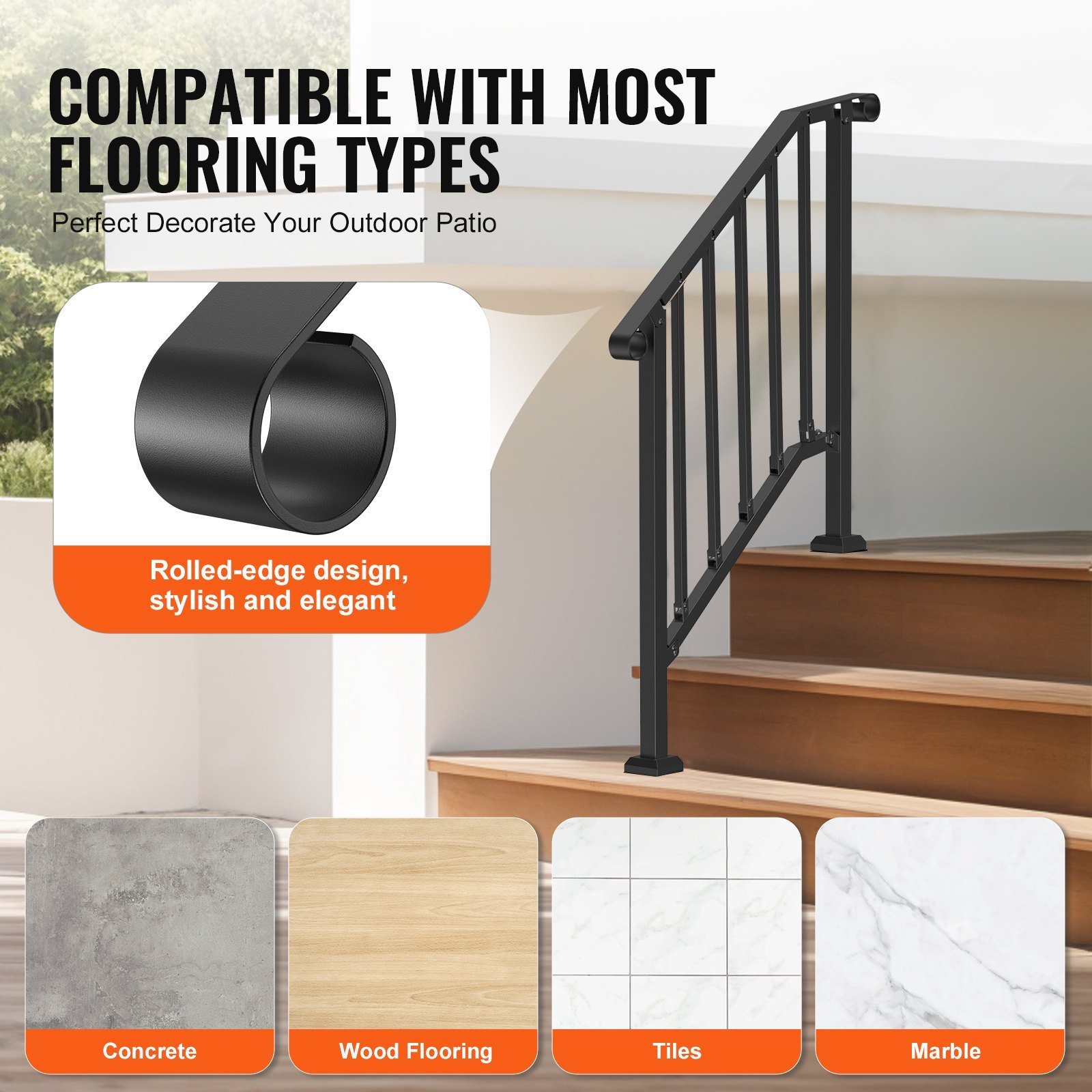 2-3 Step Handrails For Outdoor For Seniors Porch Deck Black Retro Arch - Image 4