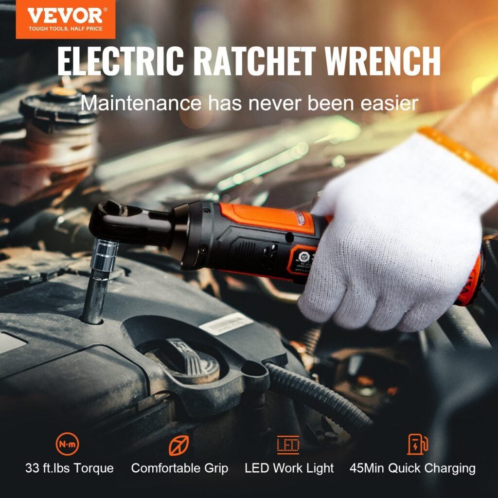 3/8" Cordless Electric Ratchet Wrench Set, 12V 33 Ft-lbs Power Ratchet Tool Kit, 45-Min Fast Charge, 2-Pack 2.0Ah Battery, Built-in LED Light, Variable Speed Trigger, 10 Sockets
