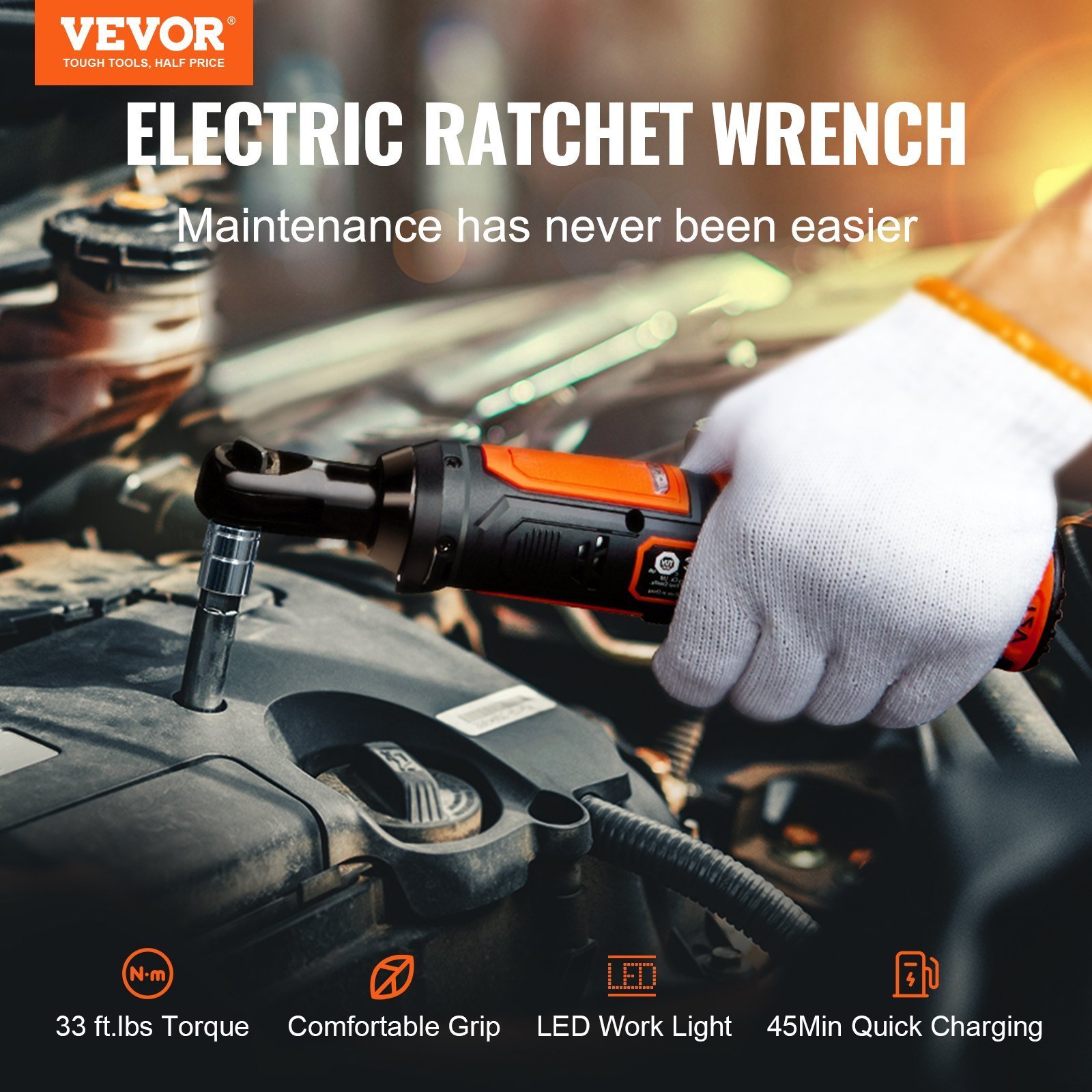 3/8" Cordless Electric Ratchet Wrench Set, 12V 33 Ft-lbs Power Ratchet Tool Kit, 45-Min Fast Charge, 2-Pack 2.0Ah Battery, Built-in LED Light, Variable Speed Trigger, 10 Sockets - Image 2