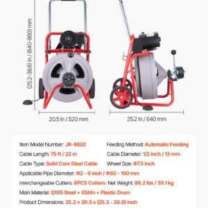 Drain Cleaner Machine 75 FT X 1/2 Inch, Auto Feed Sewer Snake Drain Auger On Wheels, Portable Drain Cleaning Machine With 8 Cutters & Air-Activated Foot Switch For 2" To 6" Pipes - Image 6