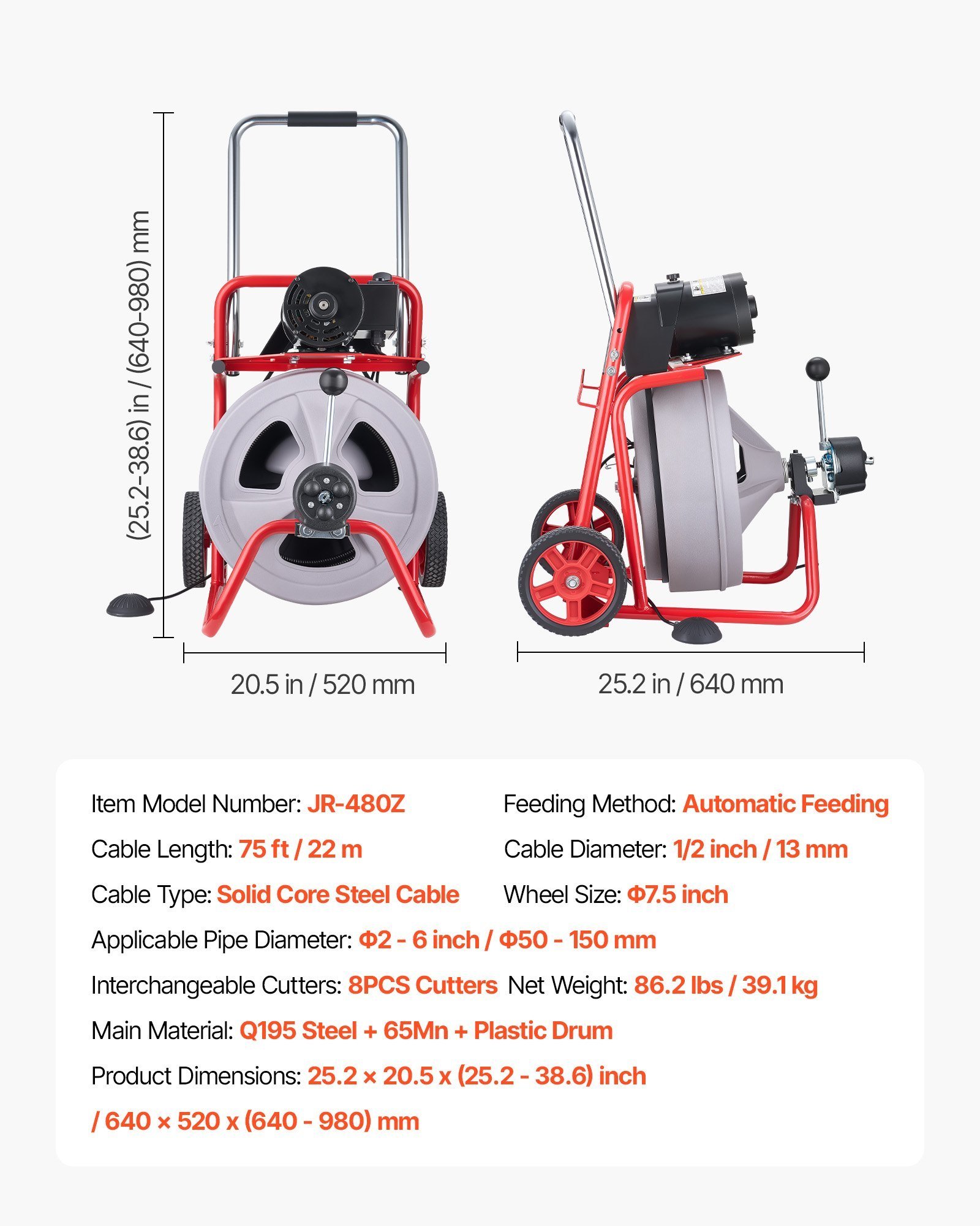 Drain Cleaner Machine 75 FT X 1/2 Inch, Auto Feed Sewer Snake Drain Auger On Wheels, Portable Drain Cleaning Machine With 8 Cutters & Air-Activated Foot Switch For 2" To 6" Pipes - Image 1