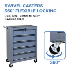 5-Drawer Rolling Tool Storage Cabinet With Detachable Top Tool Box, Universal Lockable Wheels, Adjustable Shelf, Locking Mechanism, Metal Tool Cart For Garage Workshop - Image 3