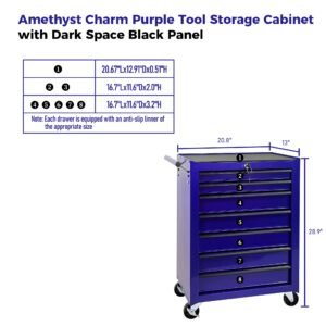 7-Drawer Rolling Tool Storage Cabinet With Detachable Top Tool Box, Universal Lockable Wheels, Adjustable Shelf, Locking Mechanism, Metal Tool Cart For Garage Workshop,Amethyst Charm Purple - Image 3