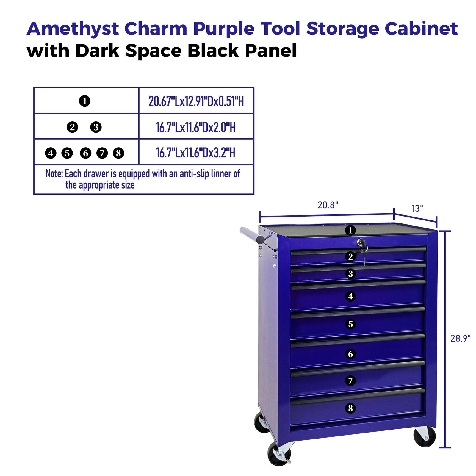 7-Drawer Rolling Tool Storage Cabinet With Detachable Top Tool Box, Universal Lockable Wheels, Adjustable Shelf, Locking Mechanism, Metal Tool Cart For Garage Workshop,Amethyst Charm Purple - Image 3