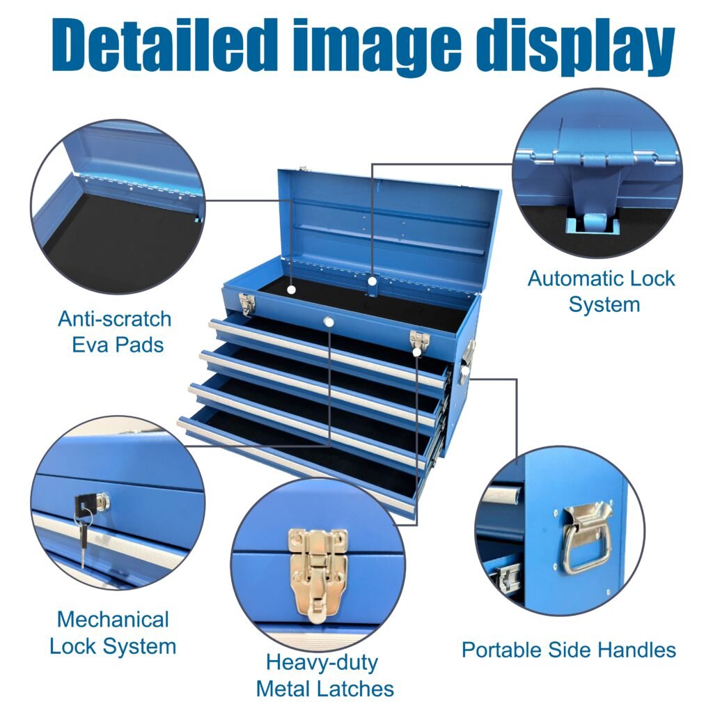 Heavy Duty Metal Tool Box, 21-inch, Portable Metal Tool Box With 4 Drawers, Small Tool Chest With EVA Liners, Ball Bearing Slide Drawers Locking & Powder Coated Finish, Multi-Function Tool Organizer