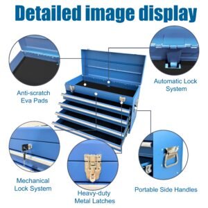 Heavy Duty Metal Tool Box, 21-inch, Portable Metal Tool Box With 4 Drawers, Small Tool Chest With EVA Liners, Ball Bearing Slide Drawers Locking & Powder Coated Finish, Multi-Function Tool Organizer - Image 5